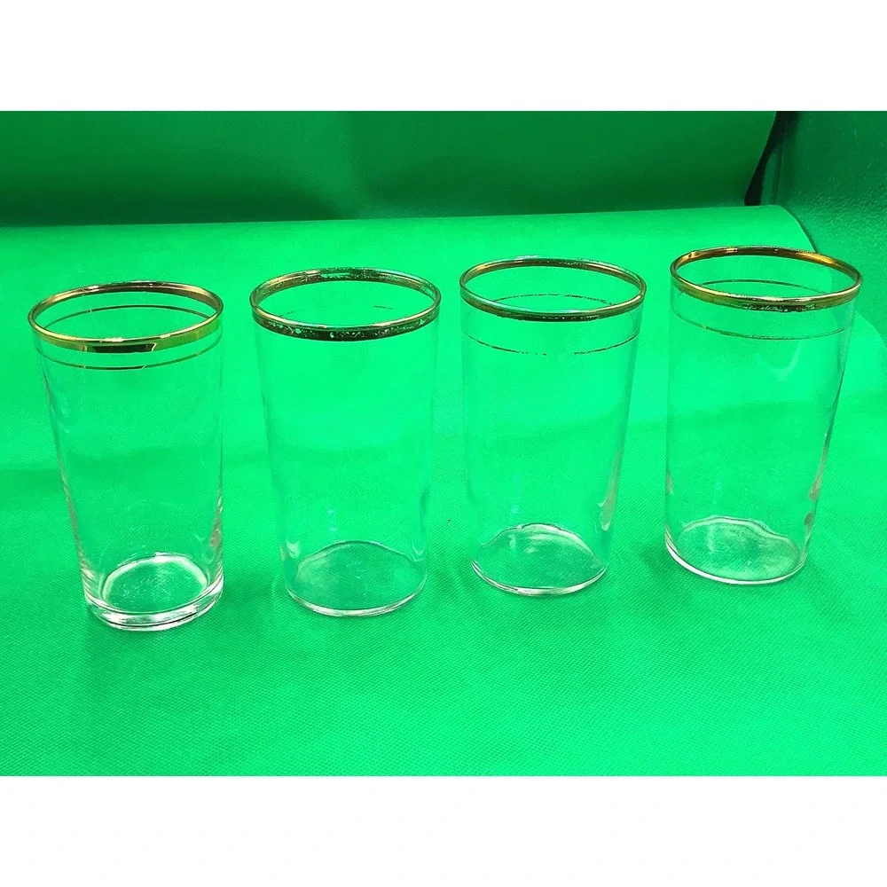 Vintage 1930s Gold‐Gilded Rim Juice Glasses – Set of 4 – Clear Glass with Gold B